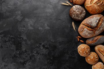 a group of breads and wheat on a black surface