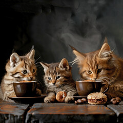 Three cats are sitting on a table with cups of coffee and cookies