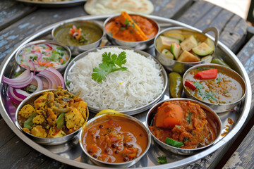 A large silver platter with a variety of Indian food on it
