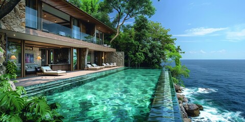 A luxurious tropical resort with a stunning blue pool offering a serene summer getaway. - obrazy, fototapety, plakaty