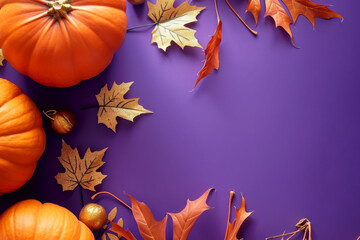Naklejka na ściany i meble Flat lay with a pumpkins, fall maple leaves and copy space on a purple background. AI generated