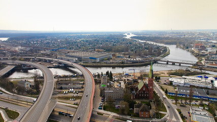 Aerial shot of Szczecin in March, highlighting the urban landscape and the Oder River. © Grzegorz