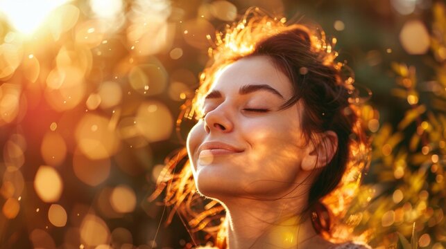 A woman standing with her eyes closed, basking in the warmth of the sun