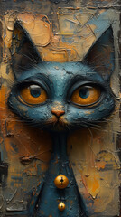 A Textured, Blue Cat Mural Brings Urban Whimsy to Life with Its Striking Golden Eyes and Details