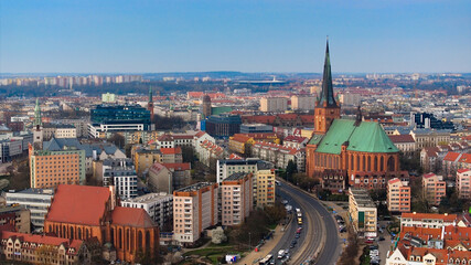 Fototapeta premium Aerial photo taken in March of Szczecin, showing the city's panorama and the Oder River.