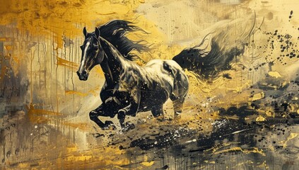Art painting, gold, horse, wall art, modern artwork, paint spots and paint strokes, knife art, large strokes, murals, art walls