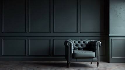 A refined interior design scheme unfolds in a living room featuring a sleek leather armchair positioned against a backdrop of an empty dark wall.

