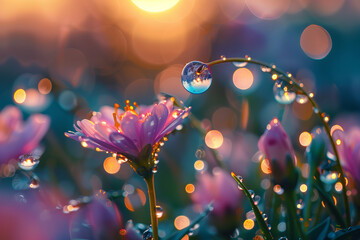 A photo capturing the moment a dewdrop reflects an entire universe, teeming with microscopic life un