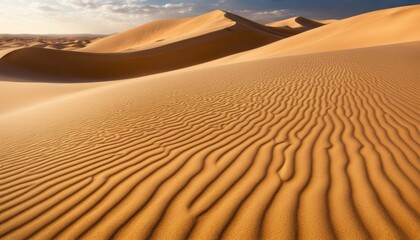 Warm sunlight bathes golden sand dunes, creating a serene pattern of light and shadow in a vast,...