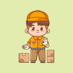 Cute male courier package delivery ok gesture kawaii chibi character mascot illustration outline style design