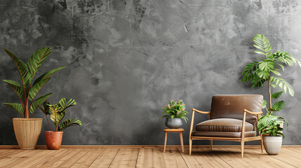 grey empty wall in living room interior with wooden floor and brown leather armchair, wooden floor and plants in the corner