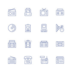 Retro line icon set on transparent background with editable stroke. Containing boombox, radio, television, vinyl, computer, console, clock, jukebox, telephone, cassetteplayer, cassette.