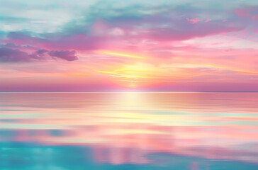 Fototapeta premium Beautiful blurred pastel fantasy sky background with sea, sky and horizon, vector illustration in pastel colors of light blue, pink, yellow and green. Unicorn sky theme, dreamy