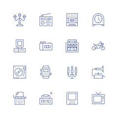 Retro line icon set on transparent background with editable stroke. Containing candelabra, candle, computer, taperecorder, typewriter, dvd, turntable, radio, watch, boombox, walkman.