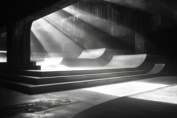 A skateboarding park where the ramps and rails are made of light, constantly moving and reshaping fo