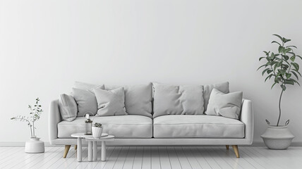 Modern interior design of a living room with a grey sofa and white wall background. Mockup for product display. Scandinavian style home decor