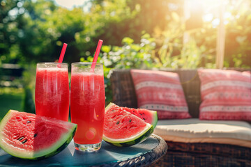 summer watermelon cocktails with straws on the table. smoothie, slash, juice. summer soft drink