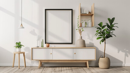 Modern mockup poster frame in black in a living room interior with a white cabinet and wooden shelf