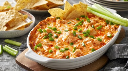 Buffalo chicken dip with tortilla chips and celery - obrazy, fototapety, plakaty