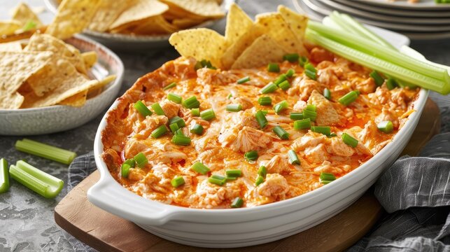 Buffalo chicken dip with tortilla chips and celery