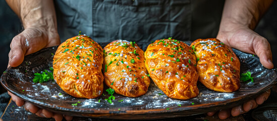 Piroshki are Russian pastries made with yeast dough filled with various savory fillings such as minced meat, potatoes, cabbage, or cheese, then baked or fried until golden and crispy - obrazy, fototapety, plakaty