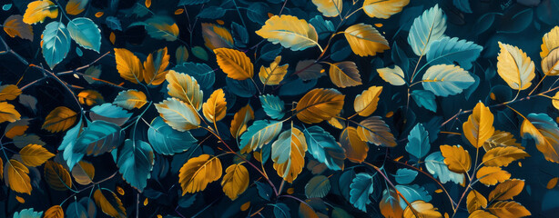 turquoise and yellow leaves, gold branches, dark background, hyper realistic oil painting in the style of close up