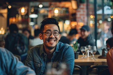 Asian millennial man sitting at cafe or bar with his friends, talking, smiling, drinking beer. They are laughing enjoying drinks and food in a pub indoors. Lifestyle, friendship, youth and fun. - obrazy, fototapety, plakaty