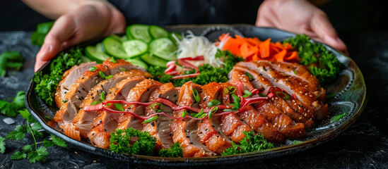 hands of cook serving a Peking Duck (China): Peking Duck is a famous Chinese dish featuring crispy roasted duck with thin, crisp skin, served with hoisin sauce, sliced scallions, and thin pancakes