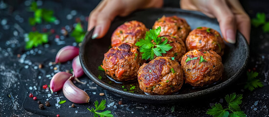 Keftedes (Greece): Keftedes are Greek meatballs made with ground meat (usually beef or lamb) mixed with onions, garlic, breadcrumbs, and herbs such as parsley and mint.  - obrazy, fototapety, plakaty