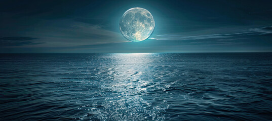 full moon rising over a calm ocean, casting a path of shimmering silver on the water surface.  - Powered by Adobe