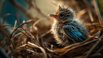 Close-Up of a Young Bird with Blue Feathers Nestled in a Natural Brown Twig Nest, Illuminated by Soft Sunlight