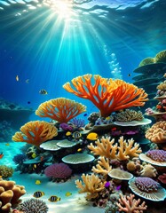 Fototapeta na wymiar An underwater paradise unfolds with vivid corals and tropical fish basking in the sun's rays penetrating the ocean's surface.. AI Generation