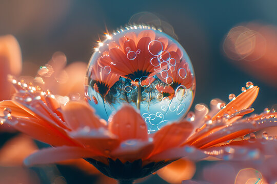 An image highlighting the transient beauty of a soap bubble resting on a flower petal, a fragile mom