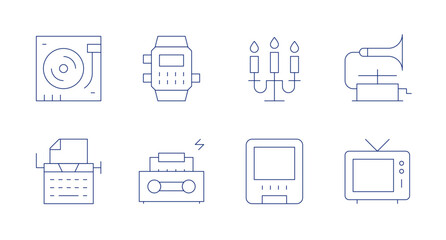 Retro icons. Editable stroke. Containing candle, typewriter, dvd, turntable, watch, boombox, phonograph, tv.