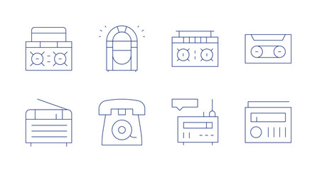 Retro icons. Editable stroke. Containing boombox, radio, jukebox, telephone, cassette.