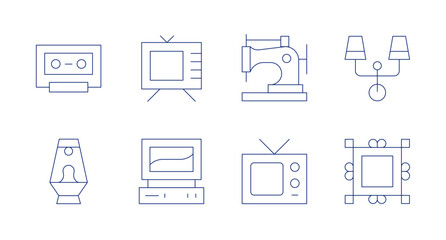 Retro icons. Editable stroke. Containing cassete, lavalamp, tv, computer, sewingmachine, walllamp, frame.