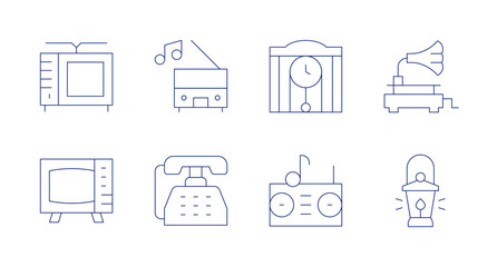 Retro icons. Editable stroke. Containing music, television, clock, radio, phone, lantern, gramophone.