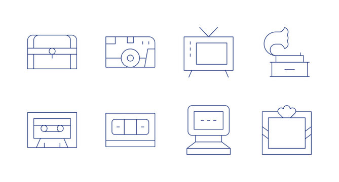 Retro icons. Editable stroke. Containing oldtv, cassette, chest, computer, videotape, camera, frame, gramophone.