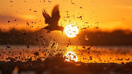 Precise moment a clay pigeon shatters into fragments against the backdrop of a vivid sunset. The use of high-speed photography freezes the explosion, creating a stunning array of suspended debris.