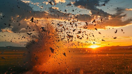 Precise moment a clay pigeon shatters into fragments against the backdrop of a vivid sunset. The use of high-speed photography freezes the explosion, creating a stunning array of suspended debris. - obrazy, fototapety, plakaty