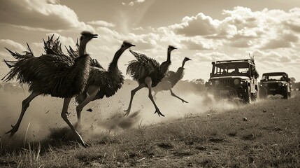 Emus in motion, their feathers ruffled as they run across an open field with a convoy of military jeeps in hot pursuit. The composition conveys a sense of chaos and movement.
