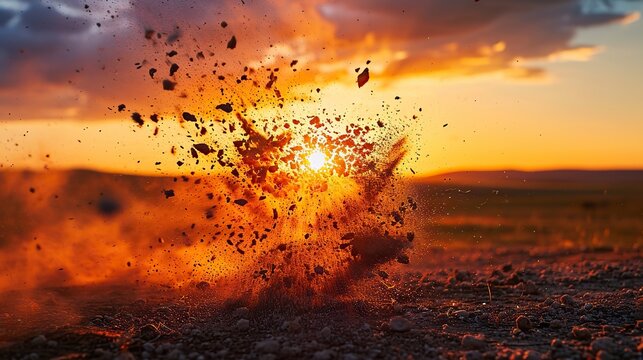 Precise moment a clay pigeon shatters into fragments against the backdrop of a vivid sunset. The use of high-speed photography freezes the explosion, creating a stunning array of suspended debris.