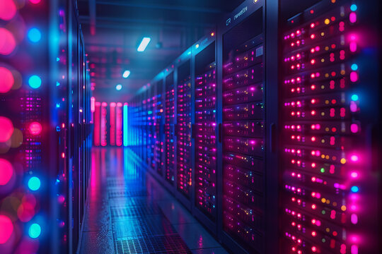 Artificial Intelligence Server Rack: A server rack glowing with LED lights, housing advanced AI proc