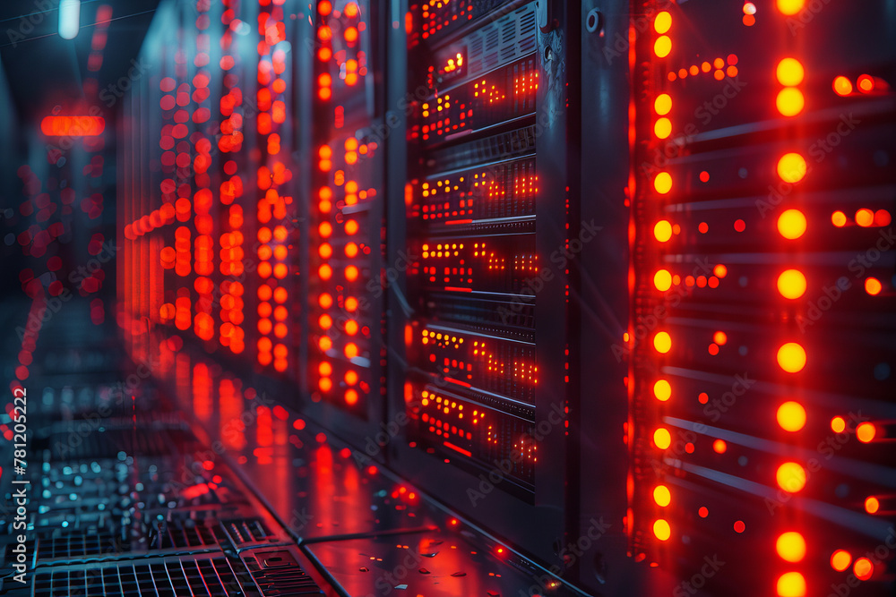 Poster artificial intelligence server rack: a server rack glowing with led lights, housing advanced ai proc