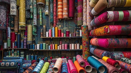 Bustling energy of a haberdashery shop, with bolts of colorful fabrics and spools arranged in a vibrant tapestry. - obrazy, fototapety, plakaty
