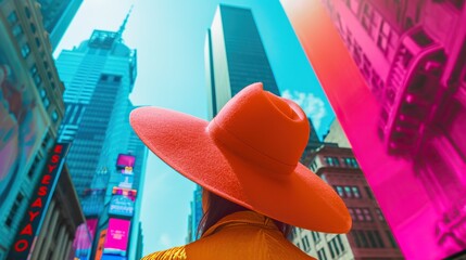Gust of wind lifting a stylish wide-brimmed hat off the head of a carefree woman in a vibrant cityscape.