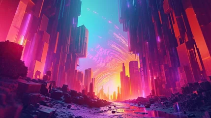 Tragetasche Concept of exponential growth through a surreal landscape of towering, geometric structures emerging from a single point. Vibrant, neon colors reminiscent of the cyberpunk genre. © Oskar Reschke