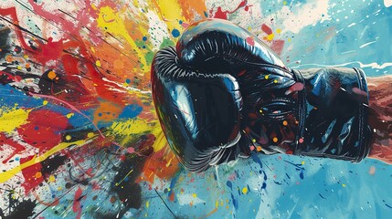 Boxer glove exploding into a burst of colorful abstract shapes, conveying the disorienting impact of punches. The composition captures the energy and chaos of a fight. - obrazy, fototapety, plakaty