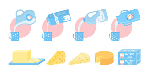 Milk and dairy products icons in a flat style for graphic, web design and logo. Vector collection of dairy products, including milk, butter, cheese, yogurt, cottage cheese, ice cream, cream.