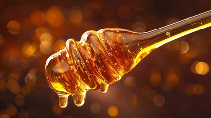 liquid honey oozing down the sides of a honey dipper, frozen in mid-air, highlighting the viscosity and amber hues.